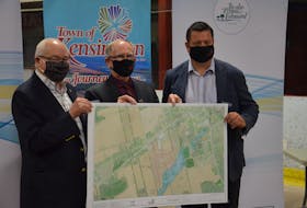 Close to $5 million in funding was announced for a new Kensington Business Park on Wednesday afternoon. From left: Malpeque member of Parliament Wayne Easter, Kensington Mayor Rowan Caseley and P.E.I. Economic Growth, Tourism and Culture Minister Matthew MacKay.