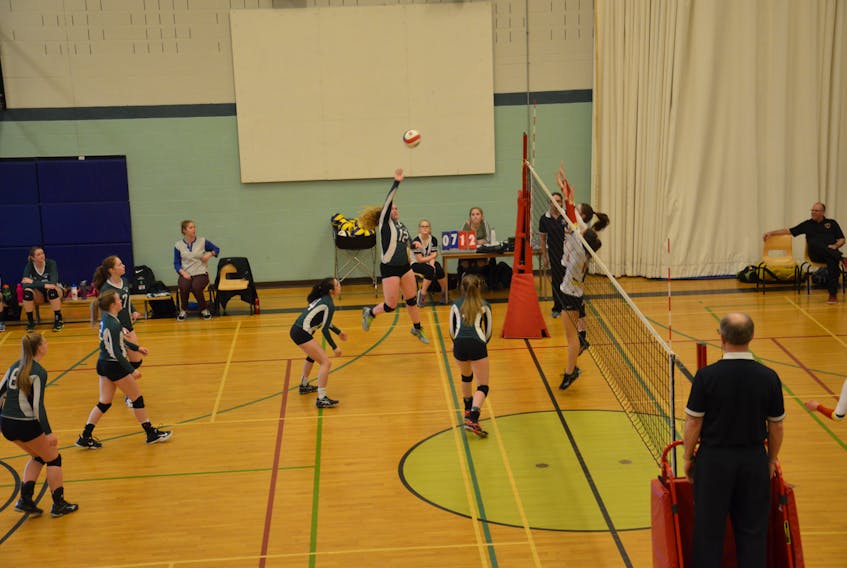 Elizabeth Burt, 12, of the Kensington Crusaders’ 18-under squad hits the ball during a recent exhibition game against the Red Rock 17-under team at Kensington Intermediate-Senior High School. The Crusaders begin play at the Volleyball Canada national championships in Edmonton on Sunday.