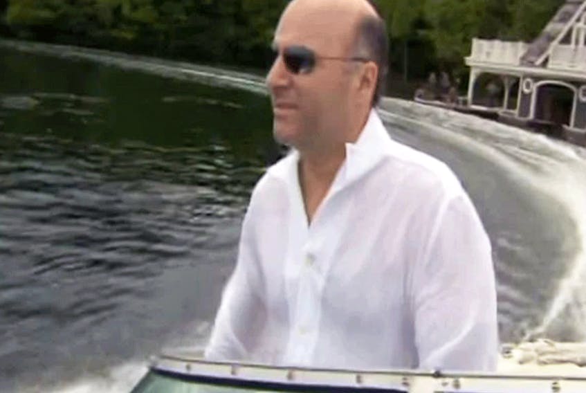 A video grab of Kevin O'Leary in a boat on Lake Joseph, Ont.