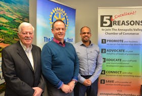 Kentville Rotary Club president Phil Warren with Annapolis Valley Chamber of Commerce second vice president Mark Vardy and New Minas Sunrise Rotary Club president Darren Sequeira at the AVCC office in Kentville. Both clubs have donated $2,500 in support of the Medical Resident Retention Program. KIRK STARRATT