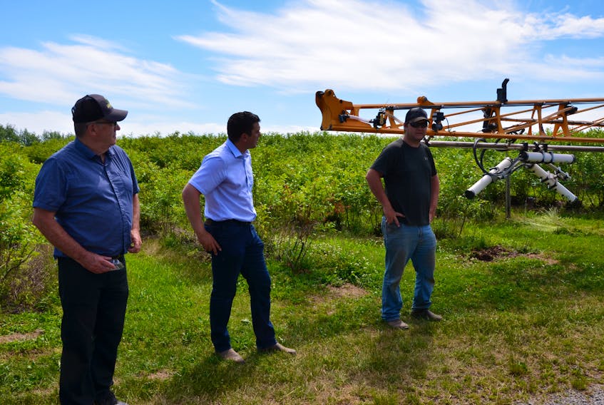 Kings-Hants MP Kody Blois, centre, with Nova Agri co-founder Earl Kidston, left, and farm manager Sean Edwards on a recent farm tour. FILE PHOTO