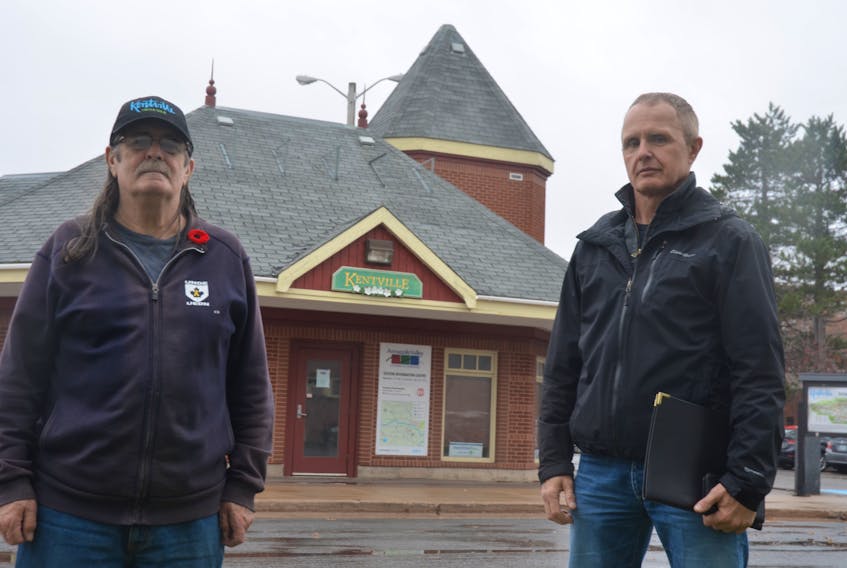 Kentville Historical Society board member and historian Louis Comeau and board chairman Erik Deal outside of the former Kentville train station building, which could soon be repurposed as a heritage centre for the town.