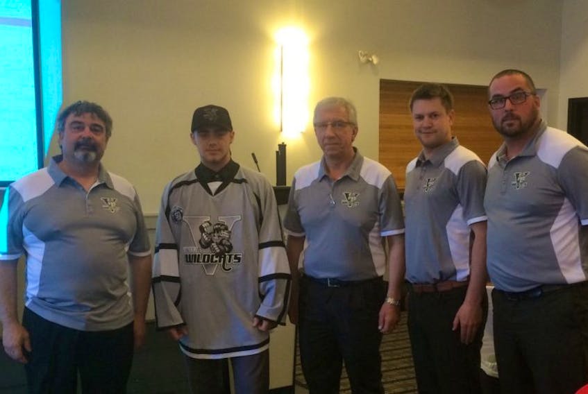 The Valley Wildcats coaching staff selected Truro’s Riley MacInnis second overall at the Maritime Hockey League entry draft. From left are scout Sam Foster, MacInnis, team owner Graham Baxter, head coach Travis Young and general manager Nick Greenough.