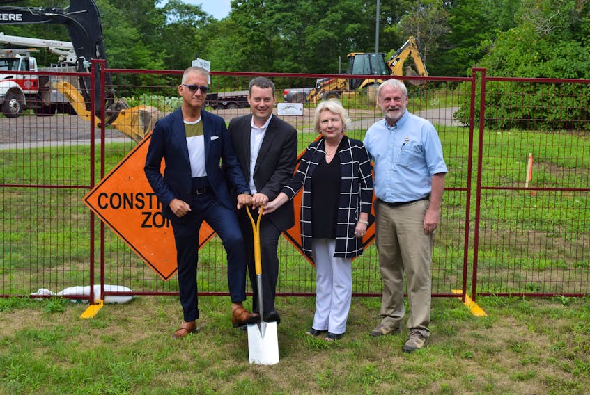 Dr. Steven Soroka, senior medical director for the Nova Scotia Health Authority renal program, left,  Health and Wellness Minister Randy Delorey, Paula Bond, from the Nova Scotia Health Authority and Keith Irving, MLA for Kings South, officially break ground on a new dialysis unit in Kentville Aug. 10.