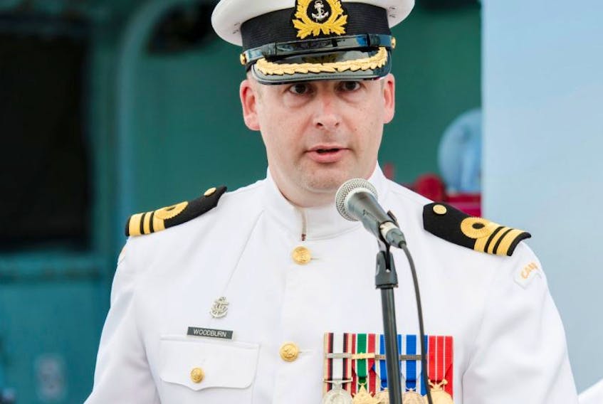 Captain (N) Hamilton, Command of 5th Maritime Operations Group presides over Change of Command ceremony; Lieutenant Commander (LCdr) Matt Woodburn took over Her Majesty's Canadian Ship (HMCS) Kingston from LCdr Paul Mountford on 31 July, 2017. LCdr Matt Woodburn addresses the crew and guests on-board HMCS Kingston.Photo Credit: Mona Ghiz, MARLANT PAHS88-2017-0181-401