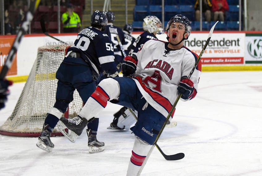Sam Fioretti, pictured in action with the Acadia Axemen in a playoff game last season against St. FX, has signed with the Carolina Stingrays, the ECHL affiliate of the NHL’s Washington Capitals and AHL’s Hershey Bears