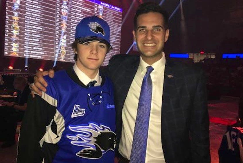 Brady Burns, left, was selected in the second round of the QMJHL draft recently. He is pictured alongside Trevor Georgie, president and general manager of the Saint John Sea Dogs