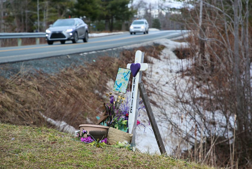 A memorial for Kylie Cooper is seen on Highway 2 near Wellington on Monday. The memorial was placed there by her mother, Marlene Cooper. Kylie and an 87-year-old man died in a two-vehicle collision in June 2018 at the nearby intersection.