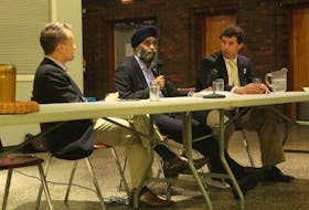 Defence Minister Harjit Sajjan was in St. John’s Tuesday evening for a public consultation session about the future of the military along with local MPs Seamus O’Regan (left) and Nick Whalen (right).