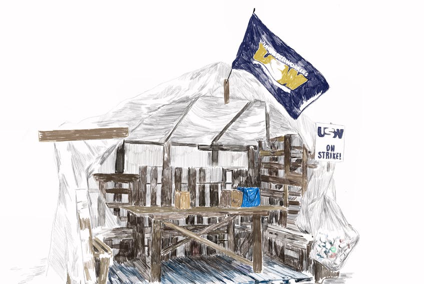 This digital illustration, Strike Shack,  depicting the 2018 IOC strike in Labrador City is part of Hynes's exhibit at The Rooms.