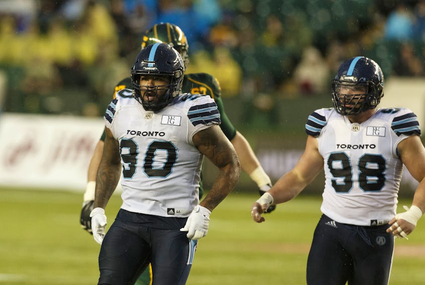 Argos’ DL Cleyon Laing is the only remaining player from the days when Trevor Harris was in Double Blue.  (Ian Kucerak/Postmedia)