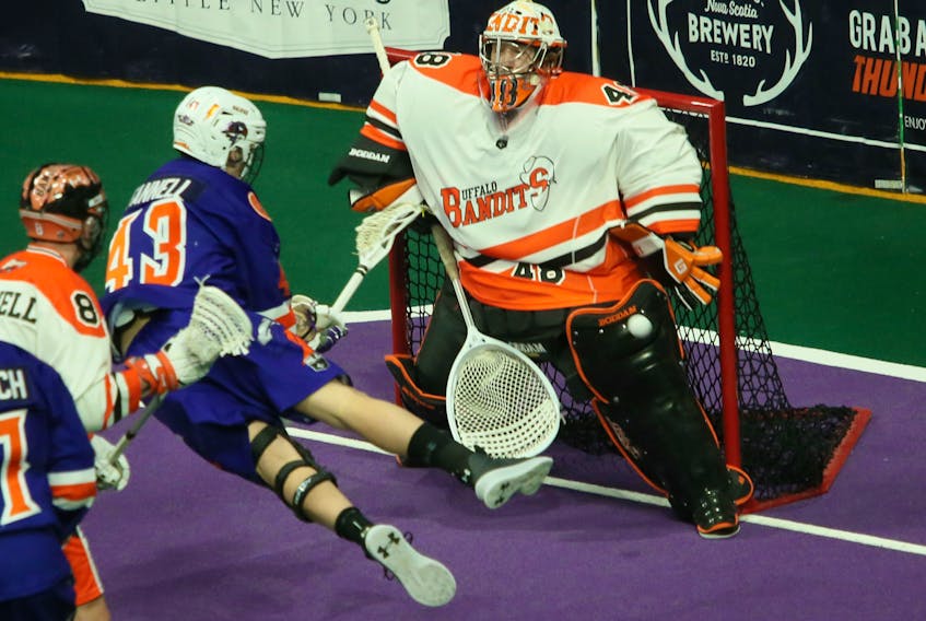 Halifax Thunderbirds forward Eric Fannell lays out on a shot against Buffalo Bandits goalie Matt Vinc during a National Lacrosse League matinee Sunday at Scotiabank Centre.  TIM KROCHAK / The Chronicle Herald
