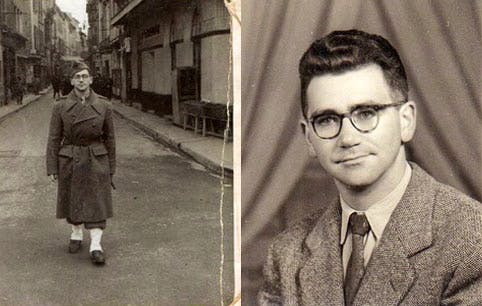 Left, a photo of Guy Le Pierres taken during his compulsory military service shortly after the Second World War. Right, a photo taken shortly after the Second World War's end.