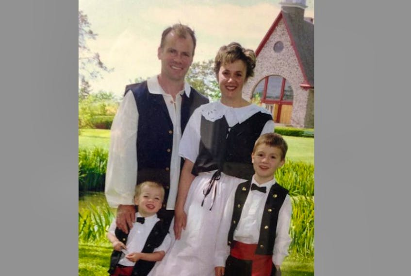 <p>Acadian Laurie Bolland and her family used to dress in traditional clothes to attend events at the Grand Pré Historic site. Marcel and Thomas also entered the Apple Blossom Festival parade that year and won best historical category.</p>