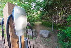 A Tesla electric vehicle charging station is seen at MacIntosh Brook Trail in Pleasant Bay. Parks Canada will install 350 electric vehicle charging stations at its sites across the country, including 64 in Cape Breton. Contributed/Parks Canada
