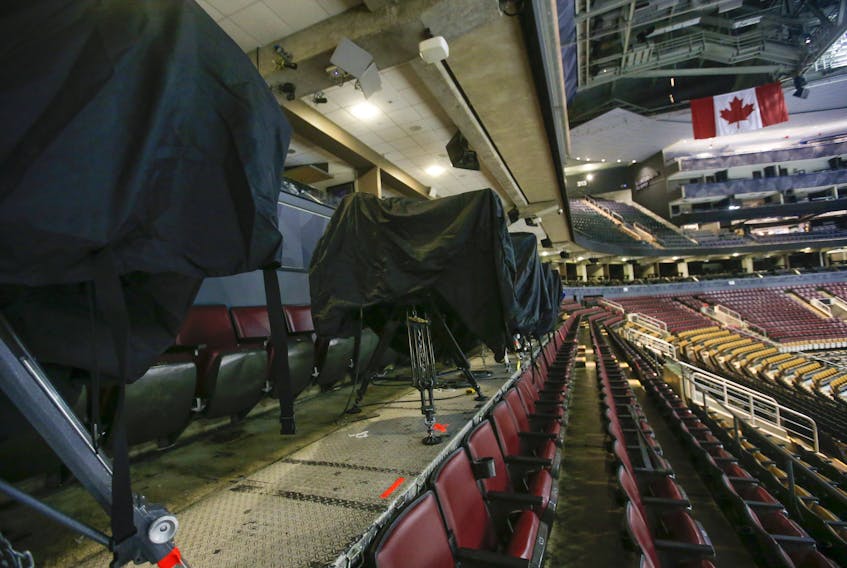 The TV camera bays are all covered up in Toronto on Thursday March 12, 2020.