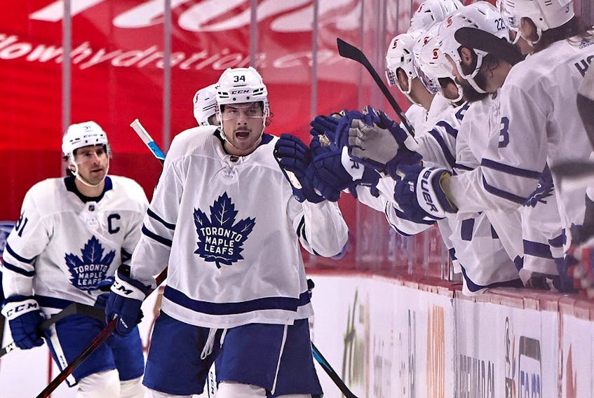 Toronto Maple Leafs centre Auston Matthews (34) celebrates his goal against the Montreal Canadiens Saturday at Bell Centre. 