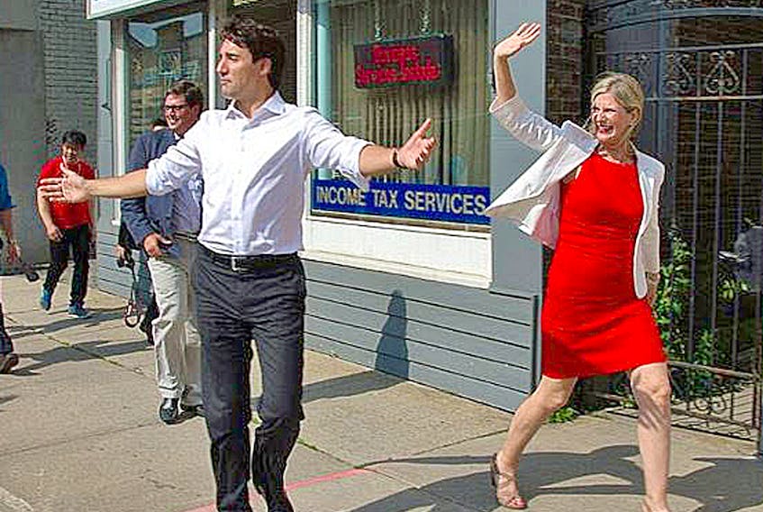 MP Leona Alleslev campaigns in June, 2015 with Liberal leader Justin Trudeau before crossing the floor to join the Conservative Party of Canada.