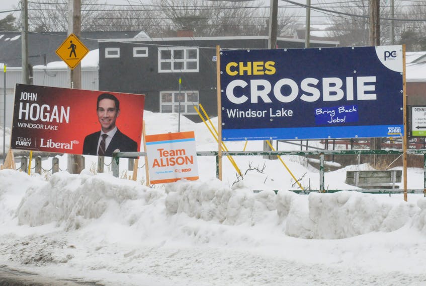 Elections signs for the three main parties are seen in St. John's. – Joe Gibbons