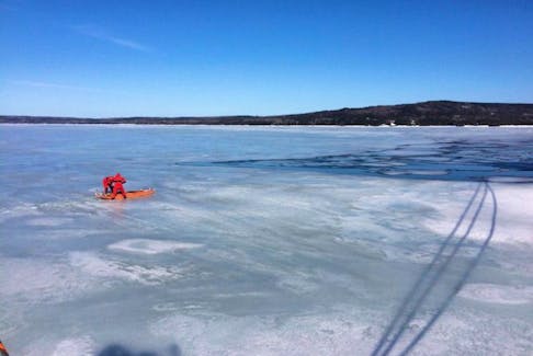 Two members of Lewisporte Fire Rescue use ice rescue equipment to make their way across the thin ice to rescue two dogs that had fallen in the water.