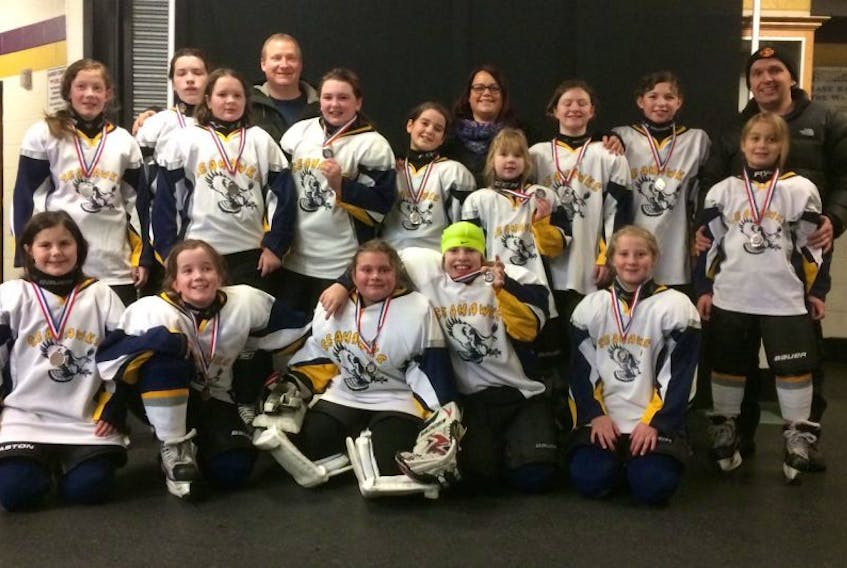 The U12 Lewisporte Girls Seahawks. Pictured are (in no particular order) Lily Ivany, Alissa Oake, Dawn Bungay, Sara Budden, Kaitlyn Porter, Macie Feltham, Annie Vincent, Olivia Cross, Grace Goodyear, Skye Moyles, Kayleigh Feltham, Aleah Beaton, Kerah Cooper and Kaitlyn Scammell along with coaching staff Jordan Cooper, Paula Feltham and Wade Budden.