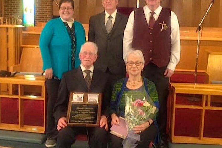 A special luncheon was held at St. Matthew’s United Church recently to honour Harold Manuel, a Lewisporte resident who has volunteered at the church for over 60 years. Pictured are (front, from left) Manuel, Margaret Manuel; (back) Rev. Stephanie McClellan, Rev. Arthur Elliott and Derek White.