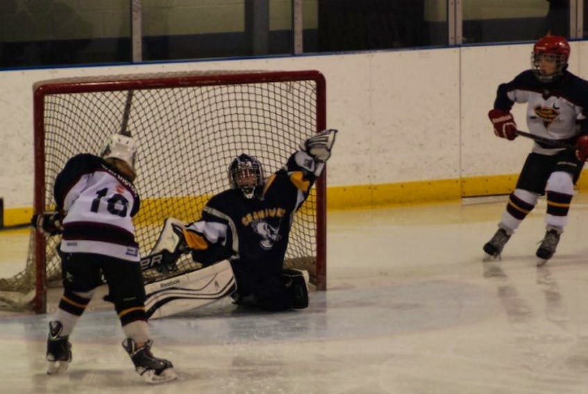 Seahawks goaltender Thomas Woolfrey turned away a shot from Twillingate player Katie Baggs in the second period of the Notre Dame Castle Cup in Lewisporte this past weekend. The Seahawks went on to win the annual invitational tournament.