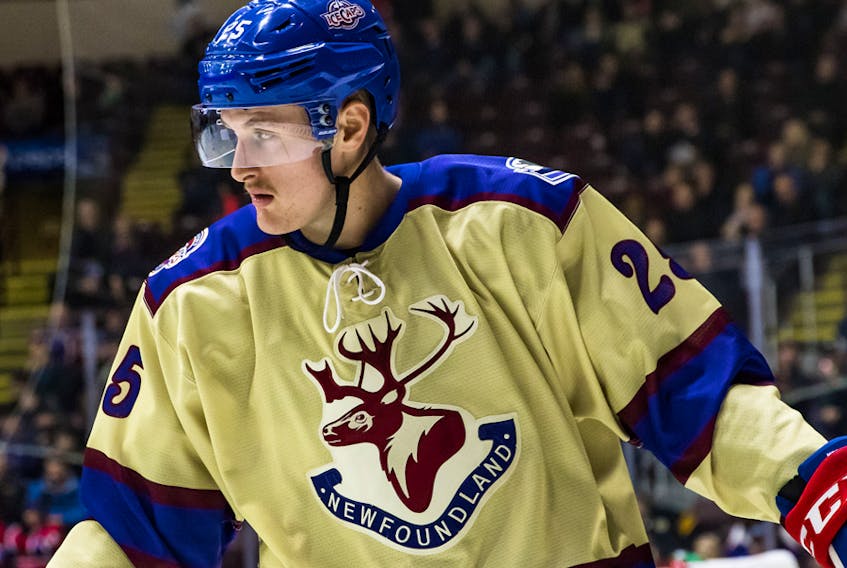 St. John's IceCaps centre Michael McCarron is shown wearing the team's Newfoundland Regiment tribute jersey during the 2016-17 American Hockey Leage season. The off-white in the IceCaps' regimental-themed third jersey will be similar to that featured in the jersey scheme of the ECHL's Newfoundland Growlers. — St. John's IceCaps photo/File