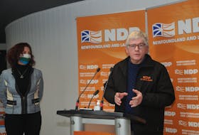 St. John's Centre NDP candidate Jim Dinn speaks at a news conference Monday to call for an end to income support clawbacks for residents of Newfoundland and Labrador who also availed of the Canada Emergency Response Benefit. — Andrew Robinson/The Telegram