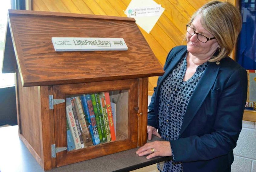 Susan Balkam looks over Shelburne's first little free library.