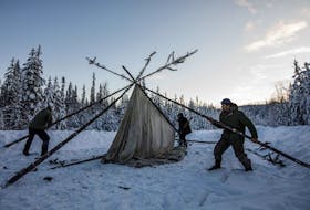 Supporters of the Wet'suwet'en hereditary chiefs and who oppose the Coastal GasLink pipeline set up a support station at kilometre 39, just outside of Gidimt'en checkpoint near Houston B.C., on Wednesday January 8, 2020. 
