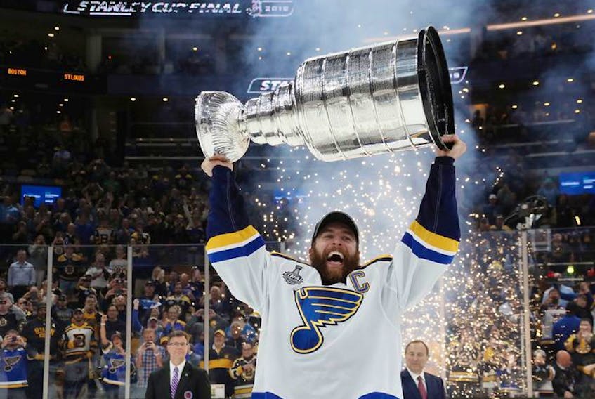 St. Louis captain Alex Pietrangelo raises the Stanley Cup after the Blues beat the Boston Bruins for their first Cup title last season. The Blues are part of the 24-team playoff format this summer. — SUBMITTED PHOTO