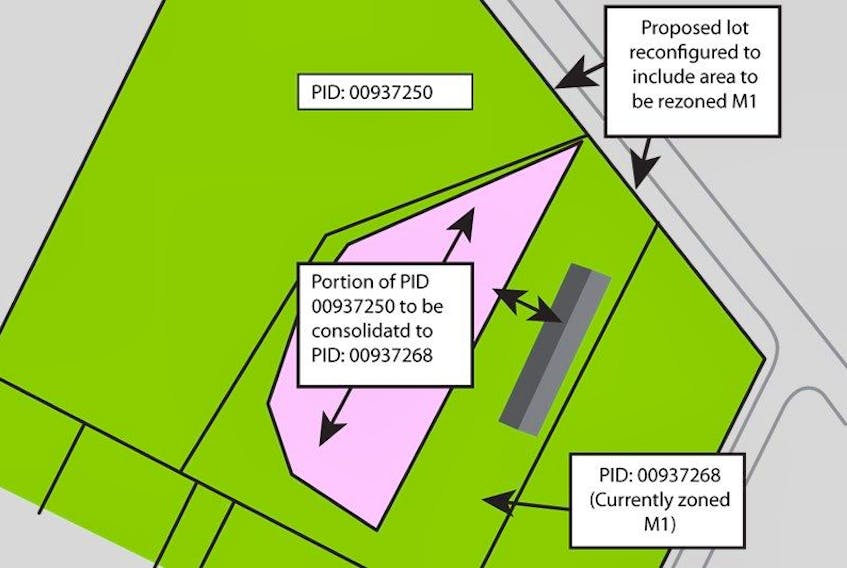 This image shows the area Kevin McKay applied to have rezoned. McKay said his intention was to place a storage facility farther from residences, rather than behind the building in the area already zoned for light industry.