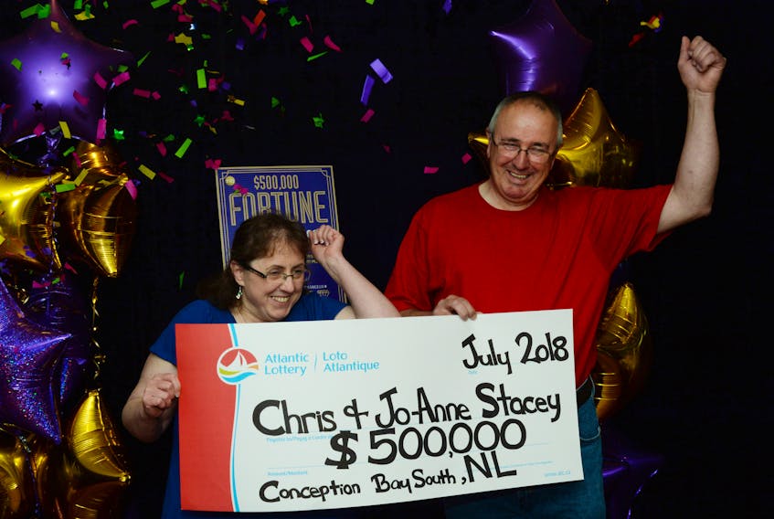 Jo-Anne and Chris Stacey of Kelligrews raise their arms in jubilation after receiving a $500,000 scratch and win lottery cheque at the Atlantic Lottery Corp. headquarters in St. John’s Wednesday.