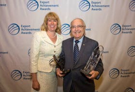 Laurel Broten, CEO and president of Nova Scotia Business Inc. with Louis Deveau of &nbsp;Acadian&nbsp;Seaplants after he accepted the &nbsp;Nova Scotia Exporter of the Year Award today at the Nova Scotia Export Achievement Awards 2015 in Halifax.