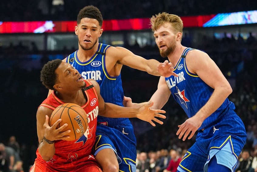 The Raptors' Kyle Lowry is guarded during the all-star game at the United Centre in Chicago. Lowry was mum on where he would be spending his post-all-star-game vacation. (Kyle Terada/USA TODAY Sports)