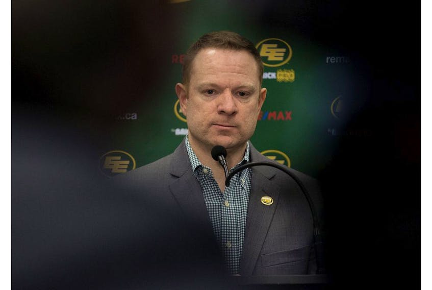 Edmonton Eskimos' General Manager and Vice President of Football Operations Brock Sunderland speaks to the media during a press conference after the team fired Jason Maas as head coach, in Edmonton Wednesday Nov. 27, 2019. Photo by David Bloom