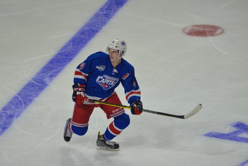 Defenceman Conor MacEachern in action with the Summerside Western Capitals during MHL (Maritime Junior Hockey League) action at Eastlink Arena. MacEachern, who is from Charlottetown, has two goals and four assists for six points in six regular-season games since joining the Capitals in late September.