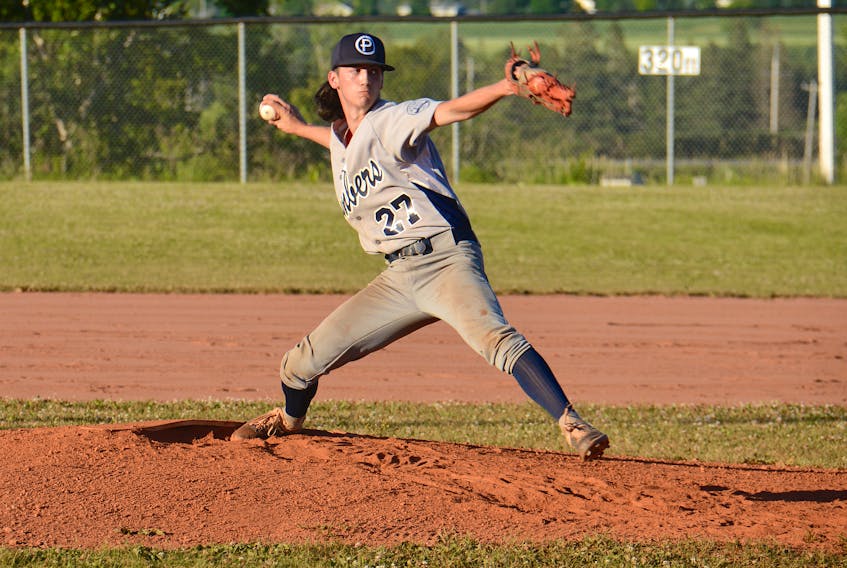 Jack MacKenzie of the Peakes Tee Bombers throws a pitch Wednesday during Kings County Baseball League action in Stratford.