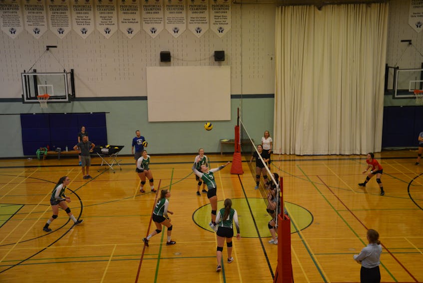 Kensington Torchettes captain Maddy Rogers, 5, focuses on the ball during a scrimmage against the Kinkora Blazers at Kensington Intermediate-Senior High School (KISH) on Thursday. The Torchettes will host the 45th annual KISH Volleyball Extravaganza on Friday and Saturday.