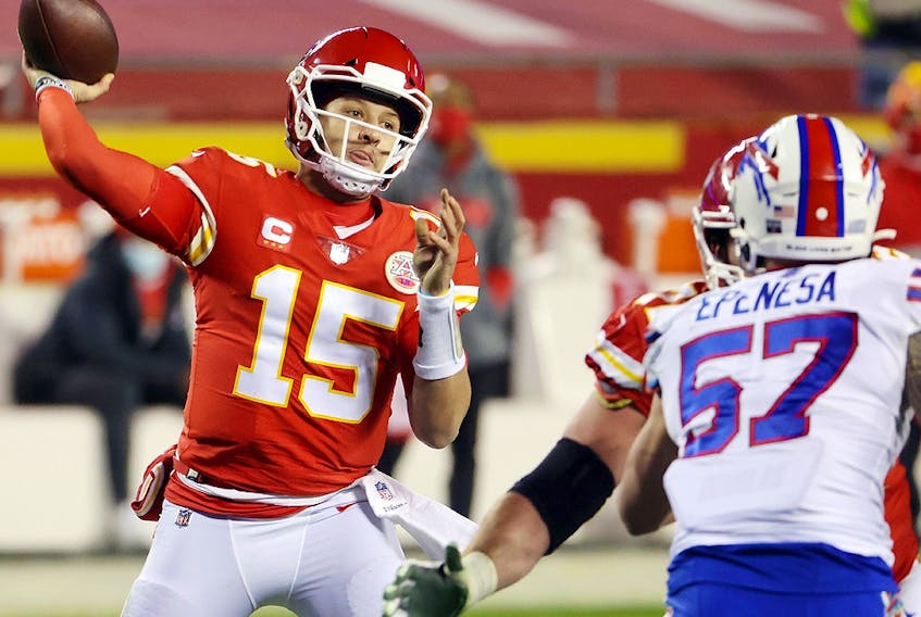 Patrick Mahomes of the Kansas City Chiefs throws a pass against the Buffalo Bills during the AFC Championship game at Arrowhead Stadium on January 24, 2021 in Kansas City. 