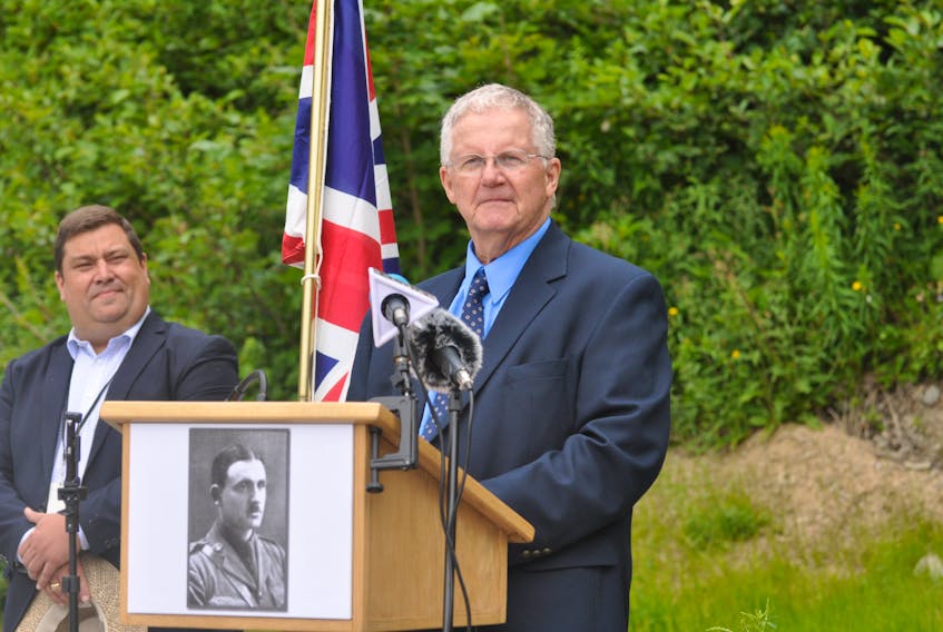 Don Butler addresses those gathered for the dedication of the Major Bertram Butler Trail in Corner Brook on Thursday. Butler is the grandson of the decorated First World War veteran.