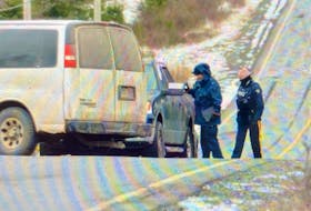 Police examine a pickup truck that was parked in the middle of the road with its emergency lights blinking Friday. Officers closed off a portion of Route 10 south of La Manche and north of Cape Broyle as they investigated the scene. It's not known how the scene is linked to the murder in Renews. — KEITH GOSSE/The Telegram
