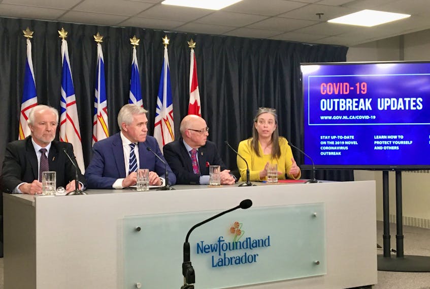 Government and health officials attended a news conference Monday to update reporters on the COVID-19 situation in the province. From left, Education Minister Brian Warr, Premier Dwight Ball, Health Minister John Haggie and Chief Medical Officer of Health Dr. Janice Fitzgerald. — ROSIE MULLALEY/THE TELEGRAM