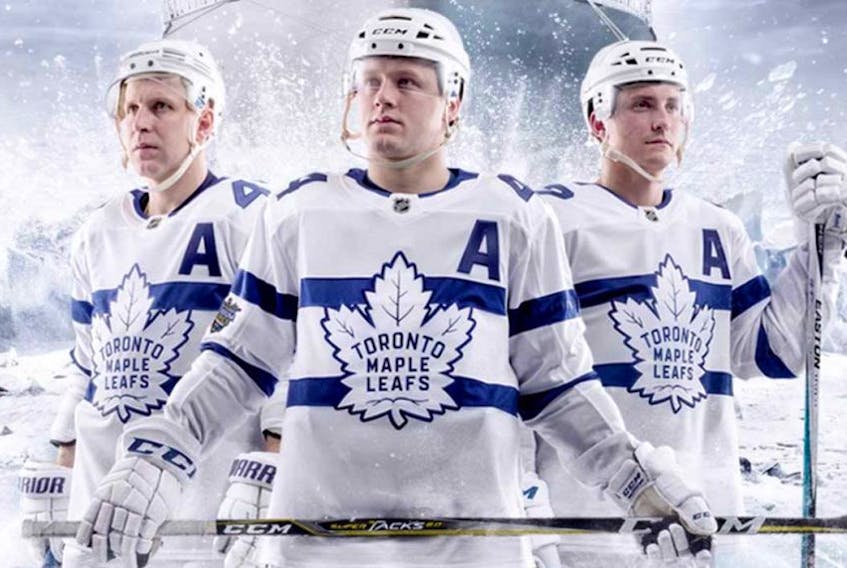 The uniforms that the Toronto Maple Leafs wore for the Stadium Series game Saturday night at Navy-Marine Corps Memorial Stadium were ghostly and eerie but failed to spook the Washington Capitals who won the game 5-2. From left, Leo Komarov, Morgan Rielly and Tyler Bozak.
 (Twitter/MapleLeafs)
