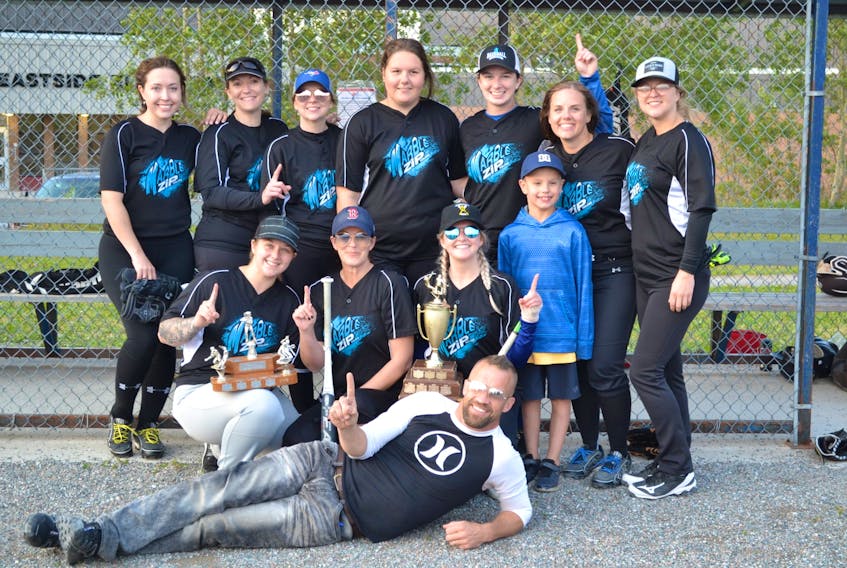 Marble Zip took first place in the Corner Brook Molson Ladies Softball League (fastpitch) recently. The team defeated returning champs West Game by a score of 11-0. The game ended in the sixth inning by mercy rule. Jillian Wells pitched the full game for Zip and didn’t allow any hits, something her dad, Bruce Wells, did when he was her age in the men’s fastpitch league. The Marble Zip team includes, from left, (front) coach Justin; (middle) Alexandria Parsons, Dionne Winsor, Jillian Wells, and assistant coach Mason Wheeler; and (back) Jennifer Hartley, Lorna Lovell, Brooklyn Wiseman, Kaitlyn Blanchard, Shilo Chislett, Ashley Penney and Stephanie Drover. Missing from photo are Kate McCarthy, Kelly Matthews and Nikita Nippard.
