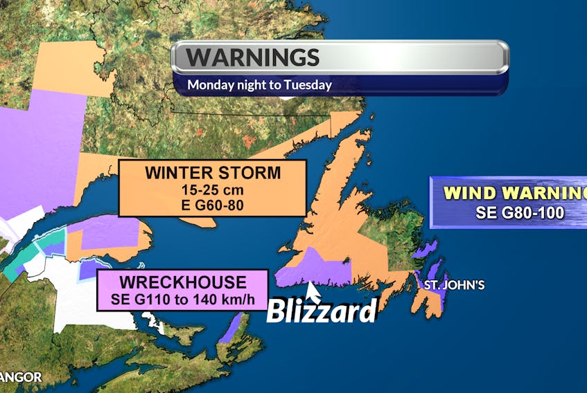 Blizzards, winter storms and high winds all in Newfoundland’s forecast for the next couple of days.
Cindy Day graphic
