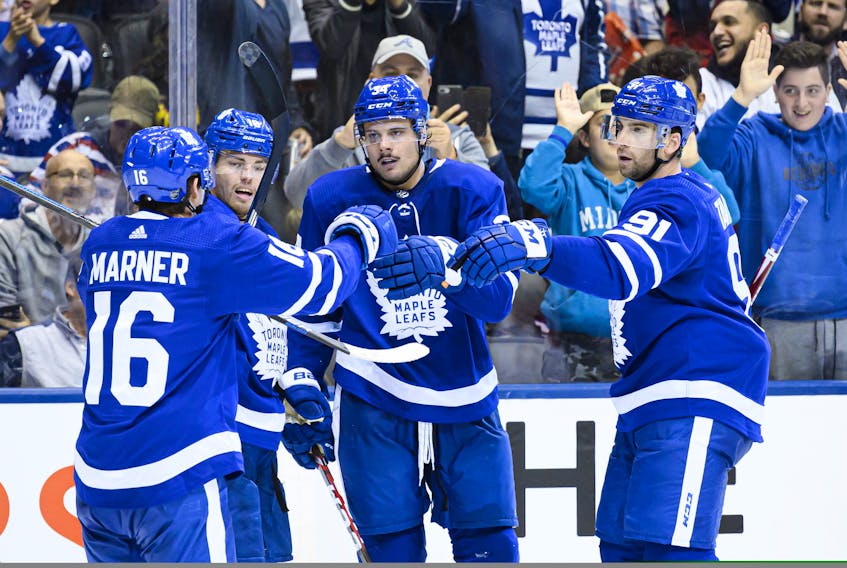From left: High-priced forwards Mitch Marner (16), John Tavares (91), and Auston Matthews found it hard to score on the Columbus Blue Jackets, just one of the reasons Toronto failed to advance past the play-in series. 