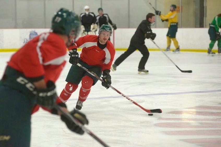 UPEI Panthers captain Mason Wilgosh prepares to make a pass to a teammate during Tuesday's practice.