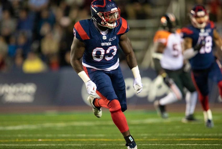Alouettes rookie defensive-end Antonio Simmons in action against the B.C. Lions at Molson Stadium on Sept. 6, 2019. 